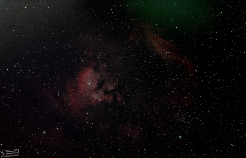 Emissionsnebel NGC 7822 im Cepheus .
Ein Gebiet der Sternentstehung. Junge heisse Sterne regen das Gas durch UV Strahlung zum Leuchten an. 3000 Lichtjahre entfernt und ca 150 Lichtjahre in der Ausdehnung. Am Himmel ca. 6 Vollmondbreiten. Rechts unten , der offene Sternhaufen NGC 7762 NGC_7822_V2_stemp.jpg