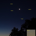 Sternbild Zwillinge, drei Planeten und Mond am Morgen